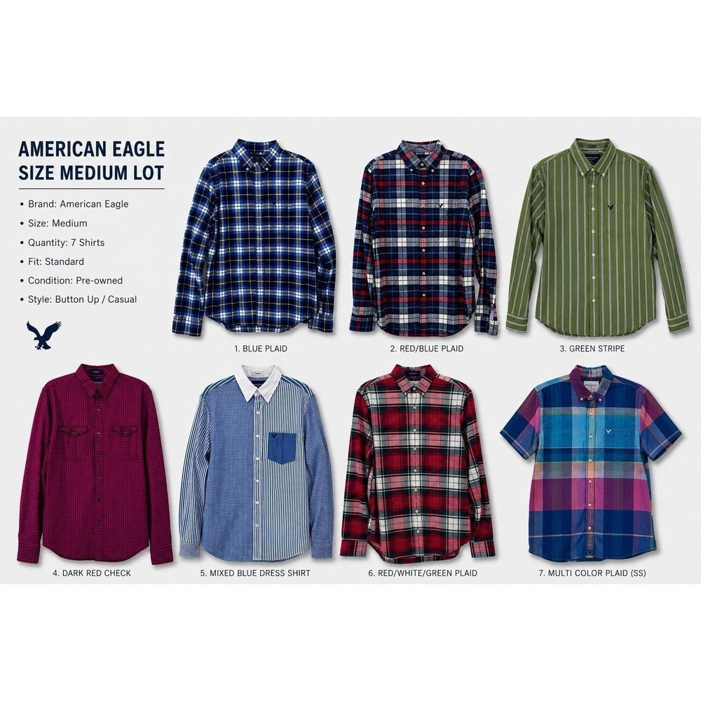 American Eagle Men's Medium Shirt Lot 7 Plaid Button Up Vintage Fit Classic